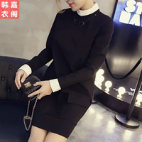 秋季新款韩版女装长袖修身显瘦气质淑女立领拼接套装假两件连衣裙
