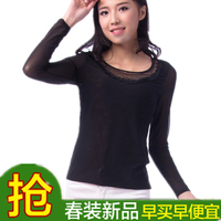 2015春秋新款女子低领网纱打底衫薄黑色小衫拼接性感长袖T恤韩版