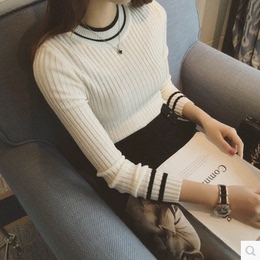 小女人2015冬新款韩版拼色圆领长袖修身显瘦打底针织套头衫女毛衣
