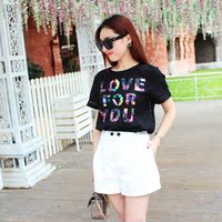 特卖 2015夏季新款女韩版宽松T恤 印花镂空字母显瘦短袖上衣女装