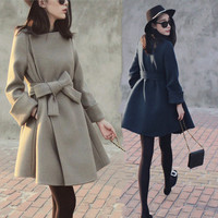 2015冬装新款韩版名媛加厚毛呢外套女中长款修身系带羊毛呢子大衣