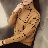 2016春季新款韩版时尚修身格子高领针织衫宽松打底衫加厚毛衣女装