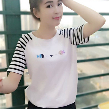 2016夏季新款韩国纯棉学生宽松大码圆领条纹打底衫白色短袖女T恤