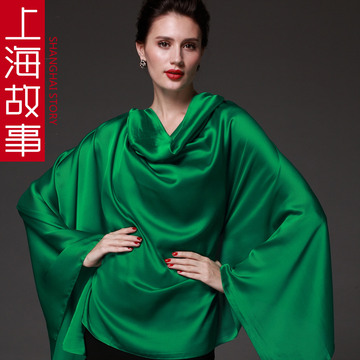 上海故事2016新款 纯色绸缎大红色 绿色丝巾防晒丝巾女围巾披肩