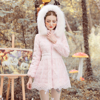 加厚粉色蕾丝羽绒服女中长款大毛领欧根纱a字裙摆修身甜美外套冬
