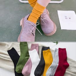 韩国纯棉堆堆袜子女 彩色竖条中筒袜女学院风靴袜运动百搭女棉袜