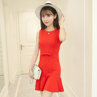 韩国代购女装2016夏季新款修身显瘦大红色连衣裙鱼尾裙一步裙礼服