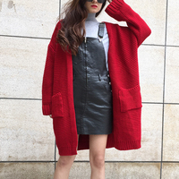 韩国2016秋冬款袖口翻边中长款粗线毛衣外套棒针织开衫