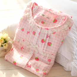 甜美草莓春秋季纯棉双层纱布暖气房薄睡衣日系全棉长袖家居服套装