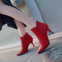 2015秋冬季高跟鞋马丁靴潮女短靴性感细跟红色婚鞋尖头侧拉链靴子