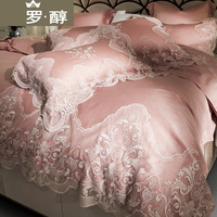 欧式样板房全棉贡缎床上蕾丝四件套公主风纯色被套婚庆六件套纯棉