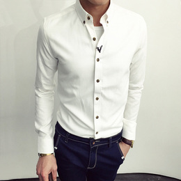 秋季韩版男士休闲白衬衫男装商务青年大码修身纯色发型师长袖衬衣
