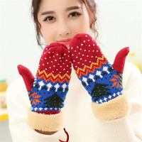 圣诞保暖全指女手套秋冬加厚毛绒韩版冬学生骑车可爱毛线针织手套