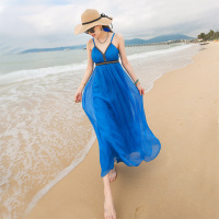 波西米亚海边度假沙滩裙吊带长裙修身显瘦真丝桑蚕丝连衣裙蓝色夏
