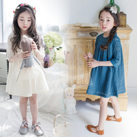 韩国童装女童棉麻短袖连衣裙春2018新款韩版蕾丝裙中大童公主裙子