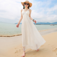 白色海边度假必备海滩裙夏 波西米亚长裙沙滩裙 吊带桑蚕丝连衣裙