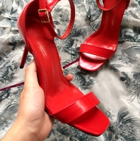 香港代购2017新款高跟鞋细跟红色33码细带露趾一字带扣凉鞋女鞋夏