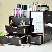 木质带镜子整理架置物创意护肤三抽屉收纳箱木制超大化妆品收纳盒