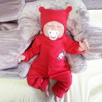 初刚出生新生婴儿连体衣服满月春秋夏季红色0-36个月纯棉男女宝宝