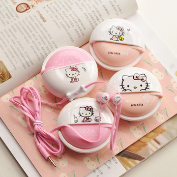 韩版可爱粉色Hello Kitty手机耳机入耳式 通用女生带麦线控收纳盒