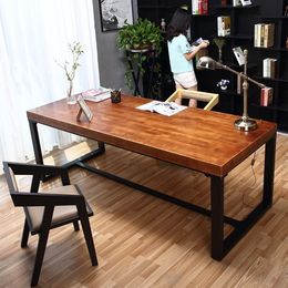 loft美式复古会议桌实木餐桌椅不锈钢长电脑桌铁艺餐桌书桌办公桌