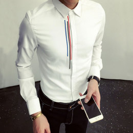 男士长袖衬衫秋季韩版修身白衬衣免烫发型师英伦休闲刺绣寸衫男潮