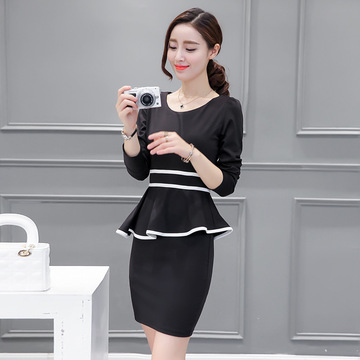 秋季新款韩版女装显瘦修身荷叶边假两件黑白拼接长袖职业连衣裙
