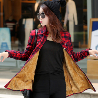 冬装新款 韩版修身纯棉磨毛保暖格子衬衫女长袖中长款加绒加厚