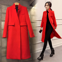 2016冬季新款韩版修身气质外套加厚红色毛呢外套中长款毛呢大衣女