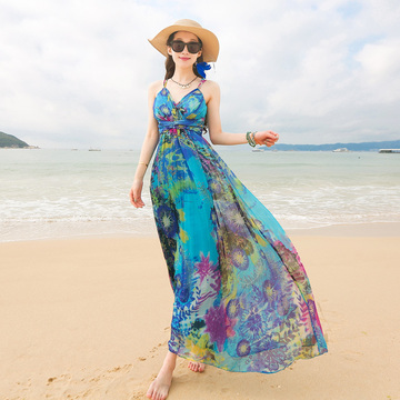 海边度假沙滩裙长裙真丝印花连衣裙巴厘岛波西米亚裙子必备 显瘦