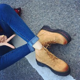 2016秋季新款欧美时尚松糕厚底磨砂系带马丁靴及踝擦色短靴女靴子