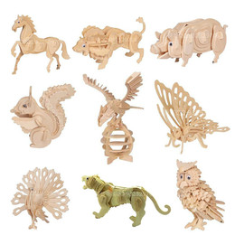 3d木质立体拼图拼板宝宝DIY益智拼装拼插玩具积木 木制小动物模型