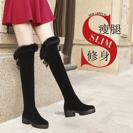 【天天特价】冬新款雪地靴粗跟高跟长筒靴女鞋欧美范真兔毛高筒靴