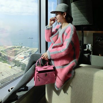 韩版秋冬甜美淑女气质粉色马海毛针织衫女开衫中长款宽松貂绒外套