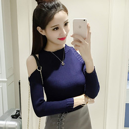 秋季新款2016韩版圆领修身长袖针织衫女套头薄毛衣打底衫露肩上衣