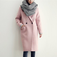 韩版冬装宽松大码藕粉色羊毛呢外套中长款加厚茧型羊绒呢子大衣女