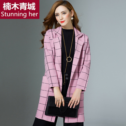 2016秋冬新款韩版女装中长款格子加厚毛衣外套针织衫女开衫羊毛衫