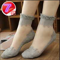 5双装全棉纯色水晶短袜蕾丝隐形防滑短袜玻璃丝袜夏季薄款女袜子