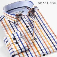 SmartFive 男装时尚韩版格子衬衫男长袖修身纯棉商务休闲拼接衬衣
