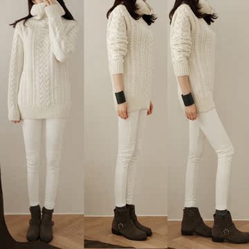 韩国代购 秋冬新品加厚高领套头毛衣外套女宽松中长款打底针织衫