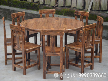 碳化实木餐桌椅农家乐饭店餐桌椅火锅桌椅圆桌八仙桌快餐特价9