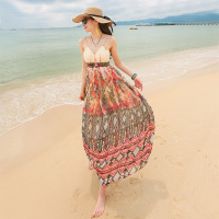 夏季海边度假沙滩裙波西米亚大摆桑蚕丝连衣裙修身显瘦吊带长裙