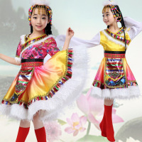 新款藏族舞蹈演出服装儿童女少数民族卓玛水袖表演服西藏舞蹈服装