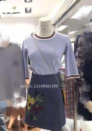现货 韩国正品 2016秋季新款nena 里奈针织中袖上衣+刺绣半裙