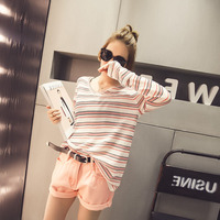 夏季韩版女装宽松薄款大V领套头长袖空调衫彩色条纹针织衫上衣潮