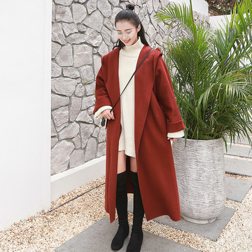 双面羊绒大衣女2016秋冬季韩国超大连帽系腰带长款手工毛呢外套