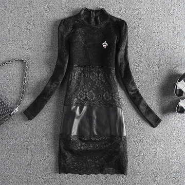 蕾丝衫女欧洲站秋冬小衫修身镂空长袖中长款黑色加绒加厚打底衫潮