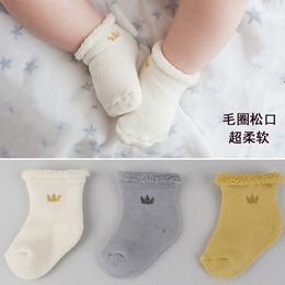 宝宝袜子冬加厚棉0-6-12-24个月婴儿小童保暖毛圈袜防滑松口短袜