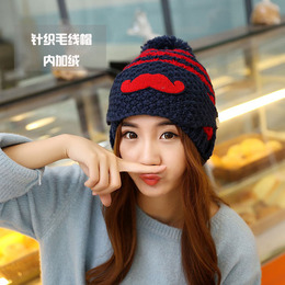冬韩版保暖针织毛线帽子女骑车帽带口罩胡子内加绒毛球可爱月子帽