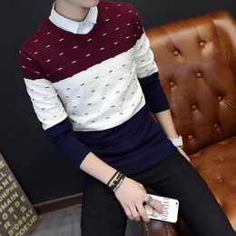 秋季男士韩式毛衣韩版修身型衬衫领假两件带领针织衫套头假领线衣